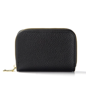 RFID-blocking black litchi leather card wallet with gold zipper on white background