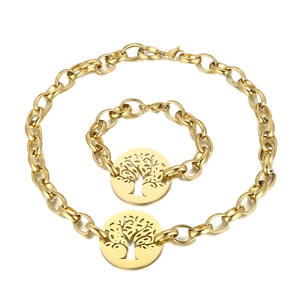 Golden Tree of Life stainless steel necklace and bracelet set with chunky O-chain link