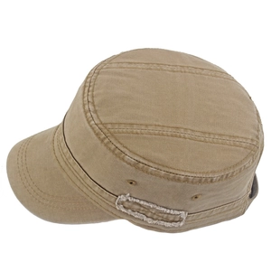 Men's khaki washed cotton flat top cadet hat with vintage distressed patch and vents