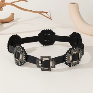 Retro black PU leather belt for women featuring three ornate silver carved buckles