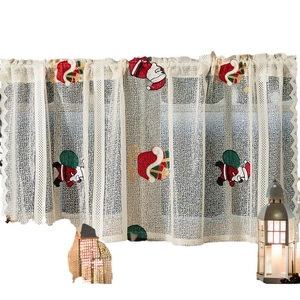 Christmas lace cafe curtain with festive Santa Claus and reindeer embroidery for windows