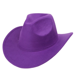 Detailed close-up of the purple wool felt cowboy hat showing its fine texture and stitching