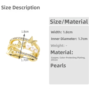 Detail view of gold butterfly open ring with pearl and cubic zirconia specifications
