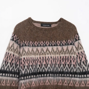Brown knit sweater featuring Fair Isle geometric pattern and fuzzy texture crewneck top