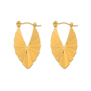 Detailed view of gold geometric leaf earrings with ribbed texture and V-shaped design