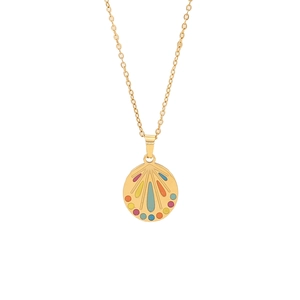 Golden necklace with circular colorful enamel butterfly pendant on white background