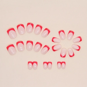 Short square red French tip press-on nails set with natural pink base color