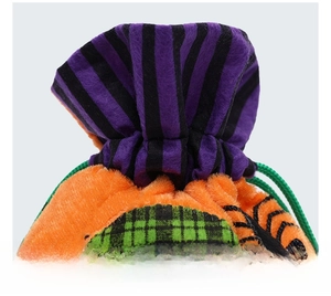 Detail of Halloween drawstring bag with soft plush texture and striped color pattern