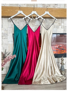 Detailed comparison of long silk satin robes in emerald, rose, and champagne colors