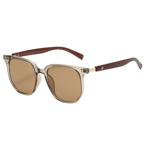 Retro polygon sunglasses with transparent grey frame and wood texture temples in 45-degree view