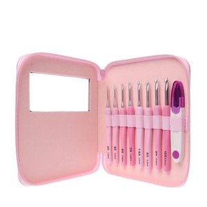 Crochet Hooks And Scissors With Zipper Storage Bag Aluminum Soft Ergonomic Handle For Hand Knitting Gradient Pink