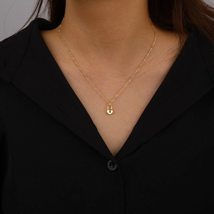 925 Sterling silver heart lock pendant necklace with gold Figaro chain for women