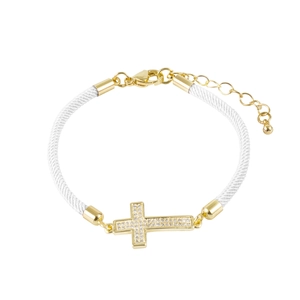 Detail view of woven white cord bracelet featuring a gold-plated cross with zircon stones