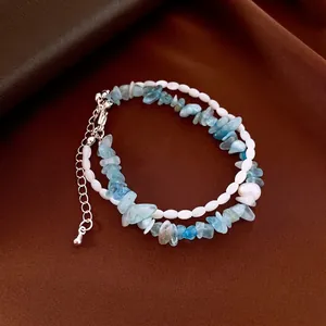 Zweilagiges Aquamarin- und Süßwasserperlen-Armband mit verstellbarem silbernem Verschluss