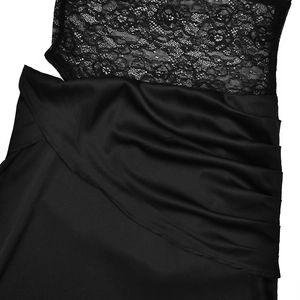 Detail of elegant black lace bodice and pleated fabric on a stylish cocktail dress