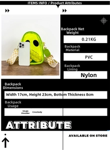 Green alien PVC bag specifications showing 17x23x8cm dimensions and 0.21kg net weight