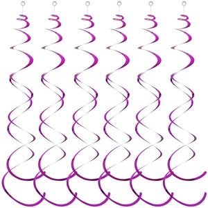 Detail view of purple spiral PVC ceiling hangers with hooks for party decorations