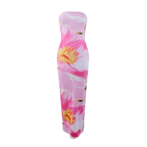 Detail of pink floral strapless bodycon maxi dress with vibrant summer patterns