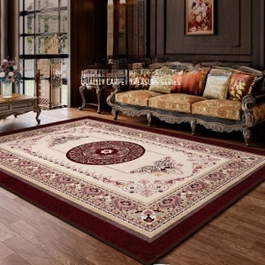 Classic Persian style living room rug in ruby red and beige with intricate patterns