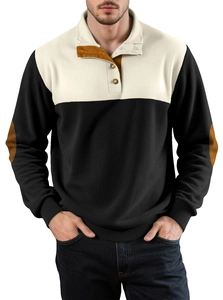 Detailed view of men's color-block ribbed sweater featuring brown elbow patches and collar