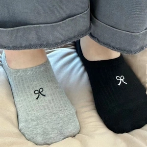 Women Cotton No Show Socks Japanese Vintage Style Ribbed Knit Bowknot Embroidery Breathable Non-Slip Invisible Hosiery