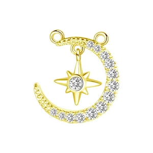 Macro view of gold crescent moon pendant with embedded zircon and hanging star charm