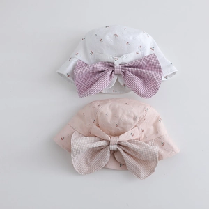Kids floral cherry pattern sun hat with large plaid bow accent and foldable design