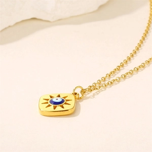 Golden titanium steel necklace with square evil eye pendant and radiant sunburst design