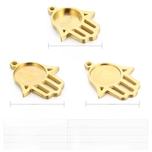 Macro view of Hamsa Hand stainless steel pendant bases for DIY jewelry making