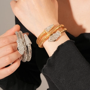 Detail shot of gold and silver snake rings featuring sparkling rhinestone embellishments
