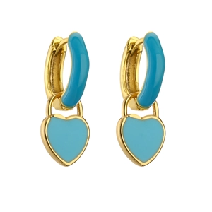 Gold-plated heart hoop earrings with bright blue enamel finish and sparkling crystal accents