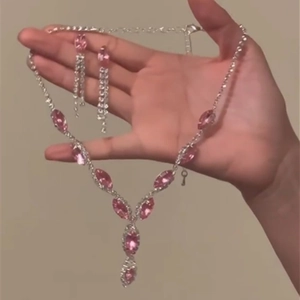 Marquise Cut Pink Crystal Necklace And Dangling Earrings Copper Rhinestone Elegant Party Jewelry For Women