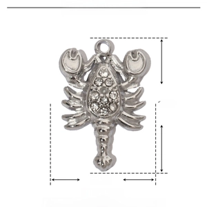 Detailed size parameter view of a lobster-shaped stainless steel pendant with rhinestones