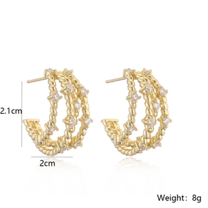 Detailed view showing dimensions 2.1cm by 2.0cm of gold braided zircon drop earrings