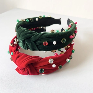 French velvet headband set with rhinestones and faux pearls in red and dark green colors