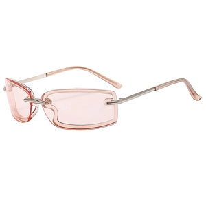 Y2K pink rimless square sunglasses with silver metal temples on white background