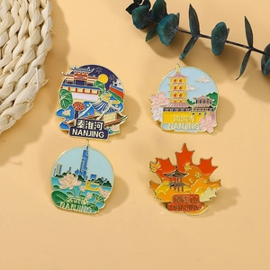 Set of 4 Nanjing landmark enamel pins featuring Qinhuai River and Jiming Temple
