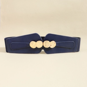 Detail of blue elastic belt with four interlocking gold coin-style buckles on faux leather