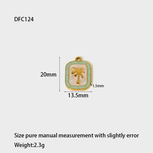 Detail view of gold palm tree enamel charm showing DFC124 specs 20mm by 13.5mm