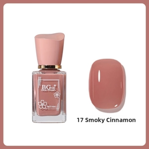 Detail view of BGve nail polish 14ml in smoky cinnamon pink shade with a color swatch