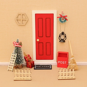Dollhouse Miniature Christmas Scene Decoration Kit Wooden Door Tiny Tree Mailbox DIY Model Toys