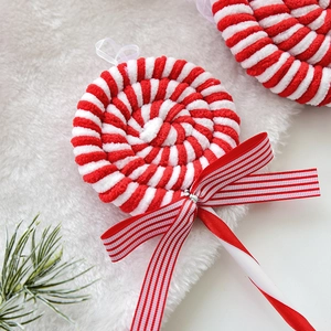 Décoration de canne à sucre en peluche rouge et blanc avec nœud rayé pour sapin