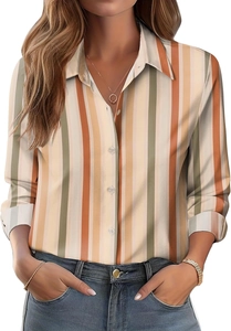 Detailed close-up of a women's long-sleeve shirt featuring vertical orange and green stripes