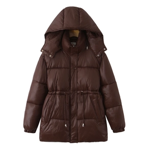 Giacca Imbottita Media Lunghezza Donna Poliestere Cappuccio Coulisse Vita Trapuntato Caldo Cappotto Inverno Esterno Retro Tribal