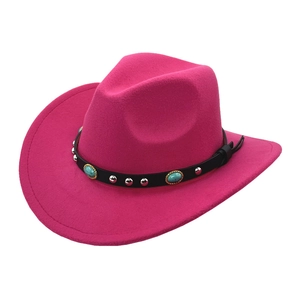 Hot pink western felt cowboy hat with black leather band and turquoise stone ornaments