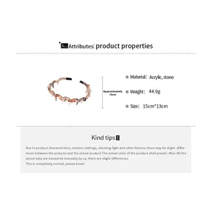 Detail view of acrylic stone headband with 44.9g weight and 15cm x 13cm dimensions