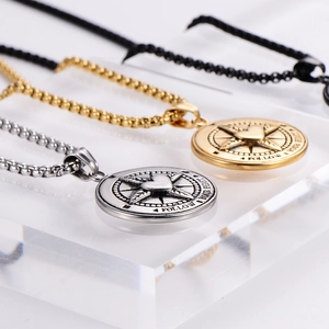 Compass heart pendant necklace in silver gold and black stainless steel with box chain