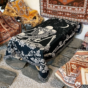 Cotton Skeleton Lovers Gothic Tarot Woven Throw Blanket With Tassels Rose Moon Star Pattern Multi-functional Home Decor