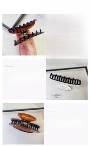 Detailed views of acetate hair claws featuring tortoiseshell patterns and colorful rhinestones