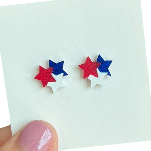 Sparkly red white and blue star earrings for Independence Day July 4th celebration